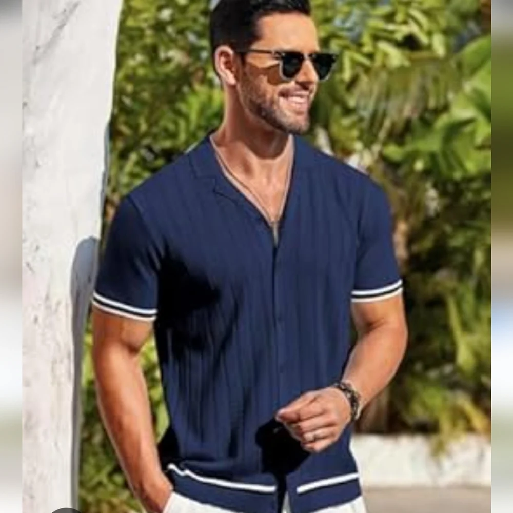 Men's Navy Casual Button Down Shirt - Picture 2 of 7